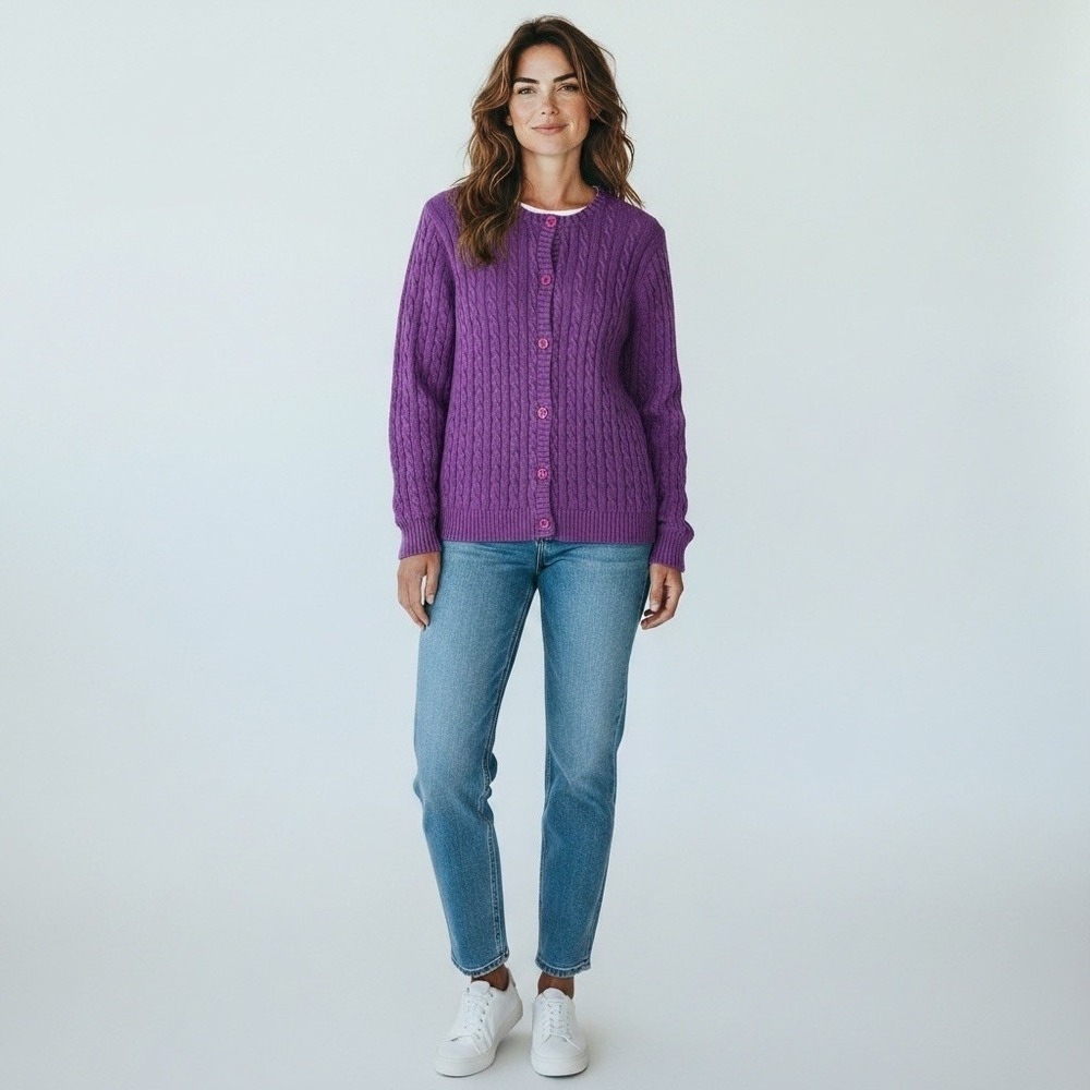 L.L. Bean Cardigan Sweater Women's 1X Purple‎ Cable Knit Cotton Button Front